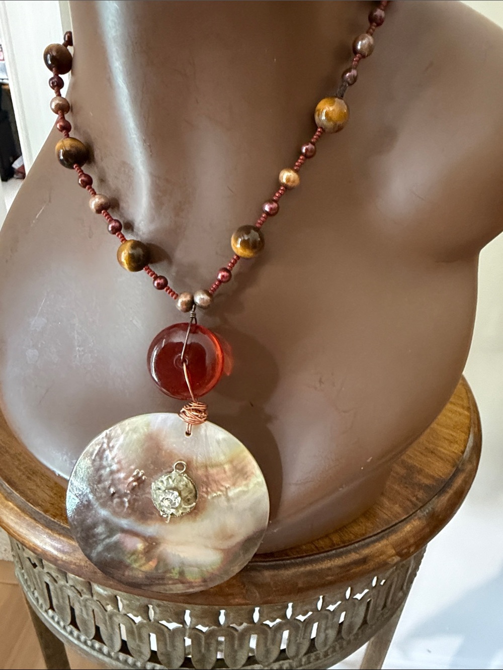 Handcrafted tigerβs eye and Amber Shell Pendant Necklace